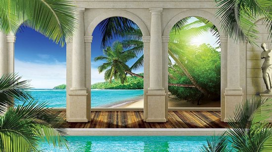 Foto: Fotobehang vlies behang tropisch uitzicht op het strand de zee en de palmbomen door de pilaren 3d 416 x 254 cm