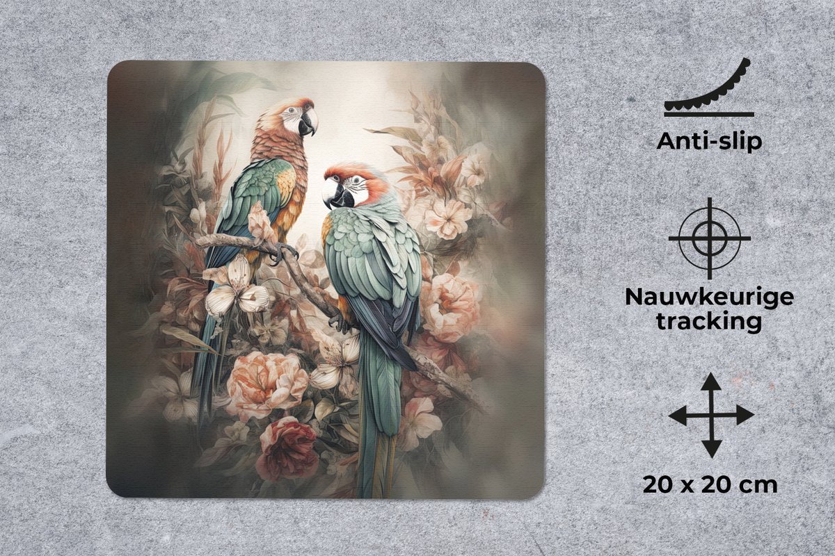 Muismat 20x20 cm - Mousepad Papegaaien - Vogels - Natuur - Bloemen - Muismatten