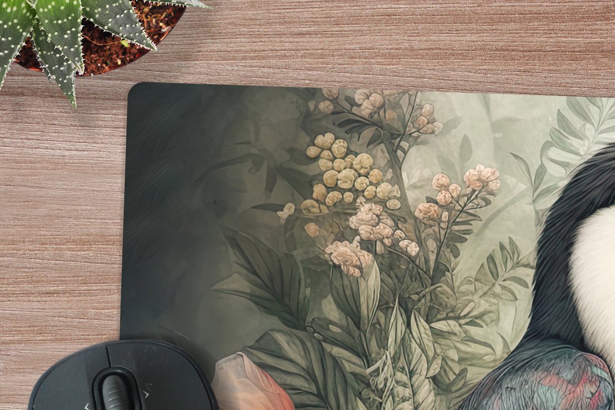 Muismat XXL 120x60 cm - Bureau onderlegger - Bureau mat Toekan - Vogels - Bloemen - Planten - Tropisch - Bureaumat - Gaming mousepad xl - Bureaulegger groot - Computer deskmat