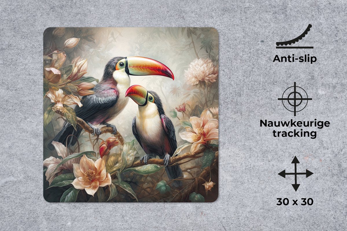 Muismat 30x30 cm - Mousepad Toekan - Vogels - Bloemen - Jungle - Muismatten