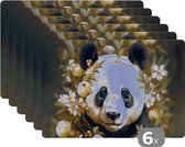 Placemat - Placemats kunststof - Panda - Pandabeer - Wilde dieren - Natuur - Bloemen - 45x30 cm - 6 stuks - Hittebestendig - Anti-Slip - Onderlegger - Afneembaar