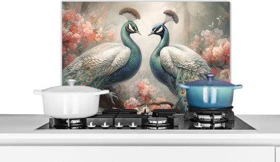 Spatscherm keuken 60x40 cm - Kookplaat achterwand Pauwen - Pauwenveren - Vogels - Bloemen - Natuur - Muurbeschermer - Spatwand fornuis - Hoogwaardig aluminium