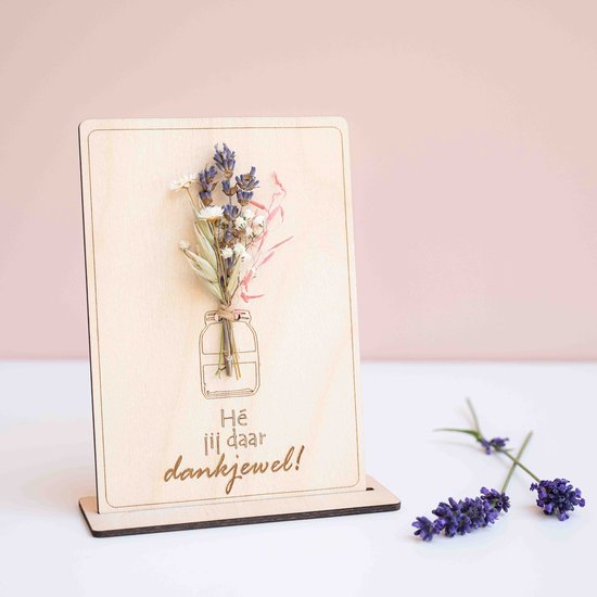 Kadoosje mini "Dankjewel" (blauw) - by Nordhus - mini boeketje op houten kaartje - droogbloemen - origineel cadeau - dankjewel - zomaar - einde schooljaar - liefste juf - beste meester - bedankje leerkracht
