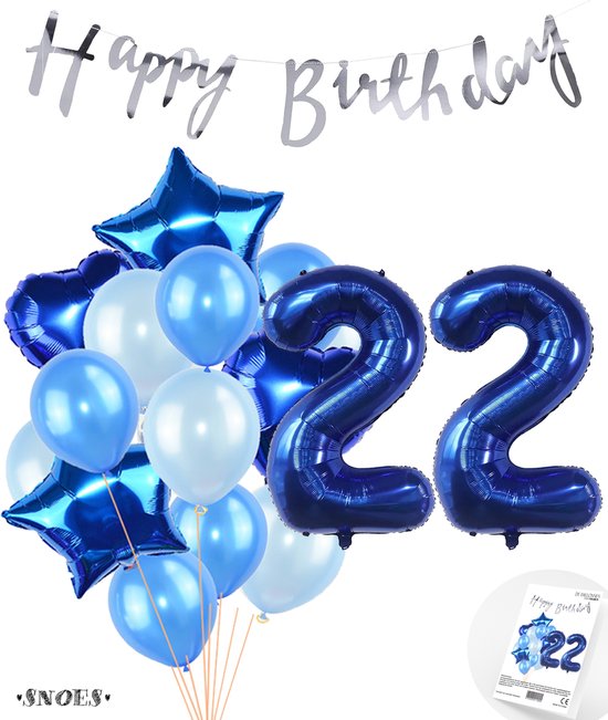 Snoes Ballonnen 22 Jaar Feestpakket – Versiering – Verjaardag Set Mason Blauw Cijferballon 22 Jaar - Heliumballon
