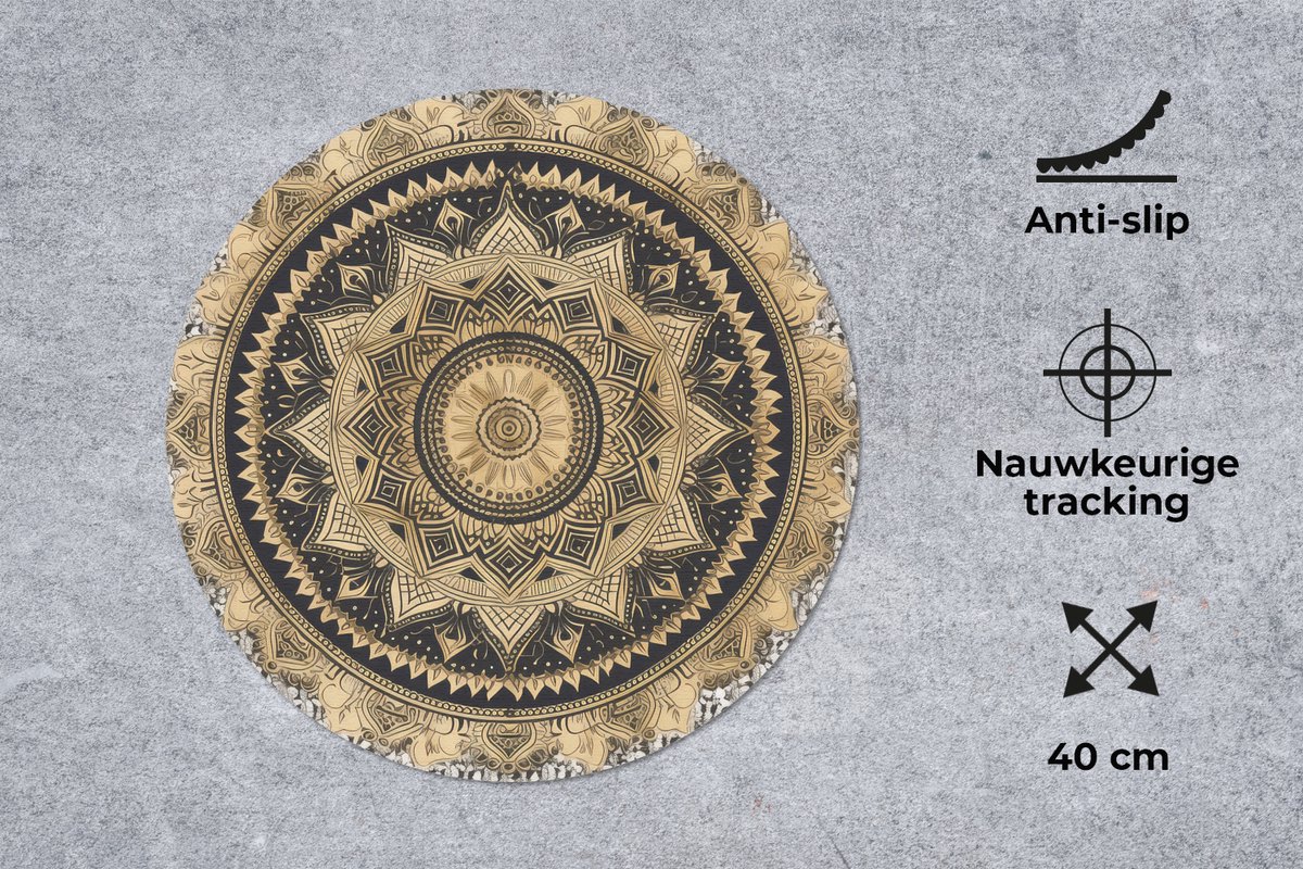 Muismat rond 40x40 cm - Mousepad Mandala - Bloem - Goud - Luxe - Bohemian - Ronde muismatten