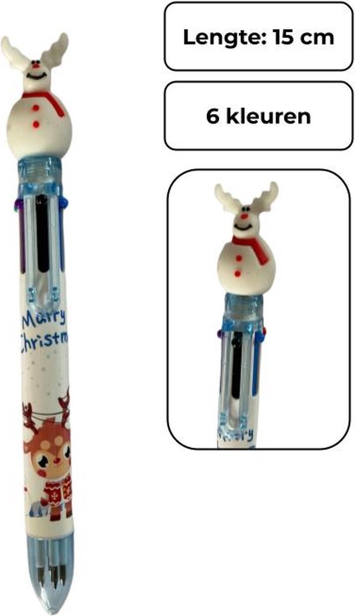 PD® - Kerst Pen - Sneeuwpop - 6 kleuren pen - 1 stuk - Kerst 6 in 1 kleuren pen - Multipen kerst cadeau