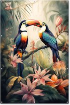 Muurdecoratie Toekan - Vogels - Bloemen - Natuur - Jungle - 120x180 cm - Tuinposter - Tuindoek - Buitenposter