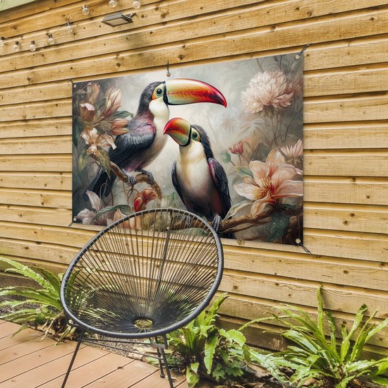Affiche jardin - Toile jardin - Posters de jardin extérieur - Toucan - Vogels - Fleurs - Jungle - 120x80 cm - Jardin