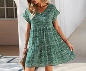 ASTRADAVI Casual Chic - Robe d'été pour femme - Belle robe à volants en mousseline de soie à col en V- Vert Fleurs - Medium