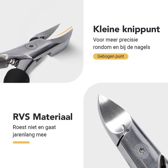 Nagelknipper met gebogen punt voor precieze knip op en bij de nagels. Gemaakt van RVS materiaal, roest niet en gaat jarenlang mee.