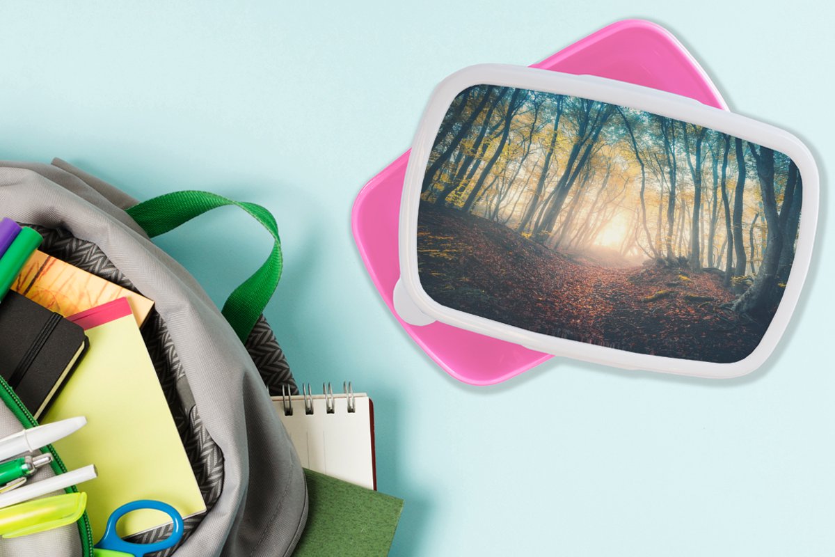 Broodtrommel Roze - Lunchbox - Brooddoos - Bos - Mist - Zon - Herfst - 18x12x6 cm - Kinderen - Meisje