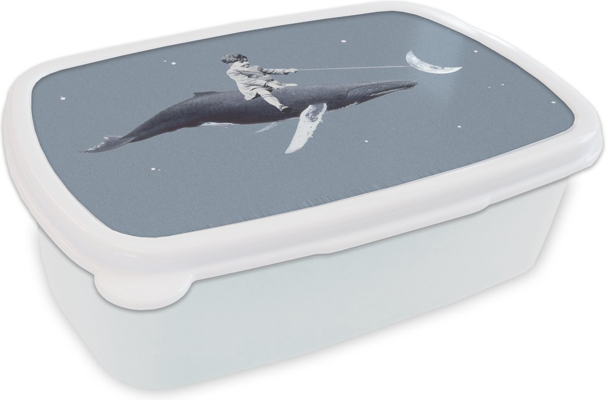 Broodtrommel Wit - Lunchbox - Brooddoos - Ruimte - Jongen - Maan - Walvis - 18x12x6 cm - Volwassenen