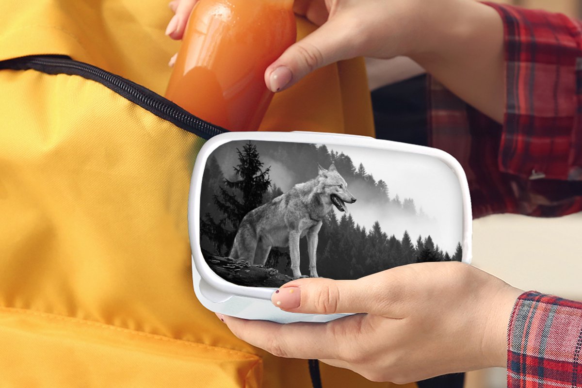 Broodtrommel Wit - Lunchbox - Brooddoos - Wolf - Bos - Zwart - Wit - 18x12x6 cm - Volwassenen