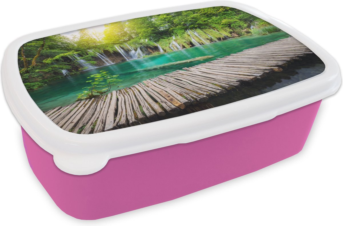 Broodtrommel Roze - Lunchbox - Brooddoos - Brug - Waterval - Natuur - 18x12x6 cm - Kinderen - Meisje