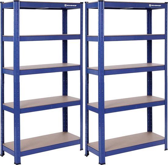 Bizu stellingkast - Set van 2 - Opbergrek - Metaal - 130 kg draagvermogen - Verstelbaar - 30 x 75 x 150 cm - Blauw