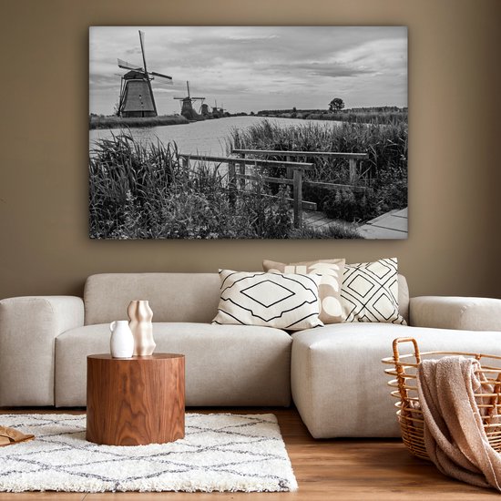 Photo Zwart et blanc des moulins à vent de Kinderdijk aux Nederland Toile 180x120 cm - Tirage photo sur toile (Décoration murale salon / chambre) XXL / Groot format!