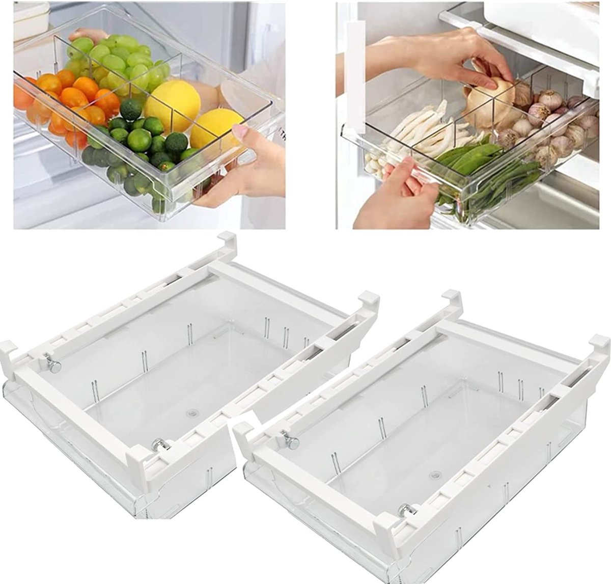 2 stuks koelkast-organizerlades, 30,5 x 20 x 9,5 cm, grote uittrekbare opbergbox voor koelkast, hoogwaardige koelkastbox met handvat, geschikt voor koelkastplanken