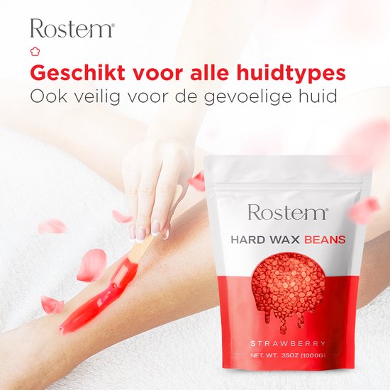 Een vrouw past Rostem Hard Wax Beans toe op haar been, met rozenblaadjes die naar beneden zweven.