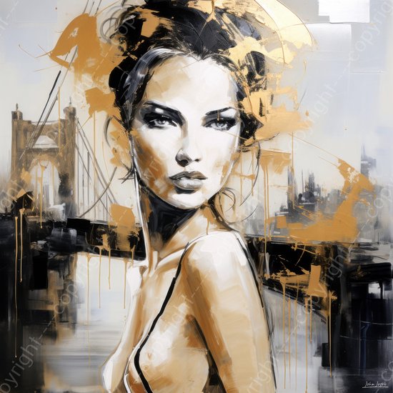 JJ-Art (Canvas) 60x60 | Vrouw, gezicht, Brooklyn Bridge, New York, Amerika, abstract, kunst | portret, mens, stad, brug, bruin, grijs, goud, vierkant, modernFoto-Schilderij canvas print (wanddecoratie)
