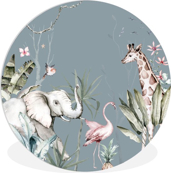 WallCircle - Cercle mural - Animaux - Jungle - Blauw - Enfants - Garçons - Chambre d'enfant - Tableau rond - Cercle Décoration murale - Décoration chambre - 30x30 cm - Chambre - Décoration murale ronde - Cercle mural intérieur