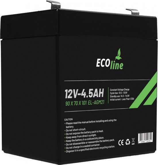 EcoLine - Batterie AGM 12V 4.5AH - 4500mAh VRLA - 90 x 70 x 101 - Batterie  à décharge
