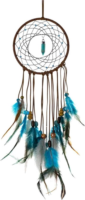 Foto: Grote handgemaakte dromenvanger dromen vanger dream catcher dream catcher groot indianen deco droomvanger met steen kraaltjes veren bruin blauw