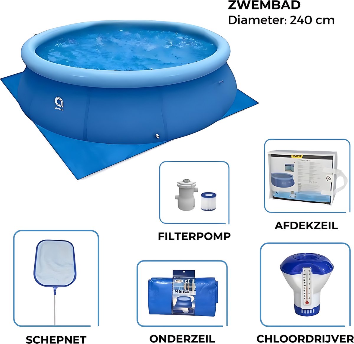 Avenli - Zwembad 240cm met Filterpomp - Afdekzeil - Chloordrijver - Schepnet en Gronddoek - Complete Set