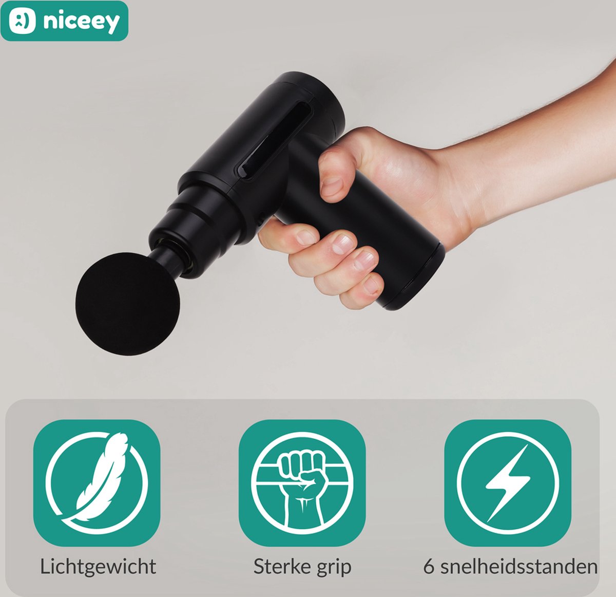 Afbeelding 3 van Niceey Massage Gun Mini - Krachtig - Draadloos - 5 Opzetstukken - Massage Apparaat - Massage Pistool - Sport en Relax Massage apparaat - Met Koffer - Zwart