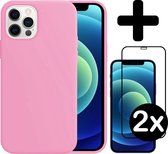 Hoes voor iPhone 12 Pro Hoesje Siliconen Case Met 2x Screenprotector Full Cover 3D Tempered Glass - Hoes voor iPhone 12 Pro Hoes Cover Met 2x 3D Screenprotector - Roze