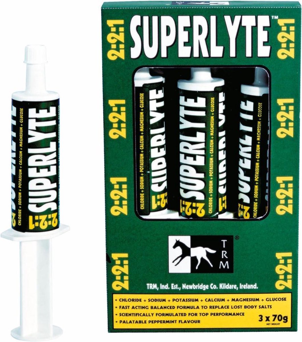 Superlyte-Paste, 3 Pasten 70g is een aanvullend (dieet)voeder voor paarden ter compensatie van elektrolytenverlies bij hevig zweten