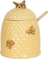 Clayre & Eef Honingpot met Lepel Ø 11*14 cm Geel Keramiek Rond Bijen Voorraadpot Deksel Bewaarpot Opbergpot