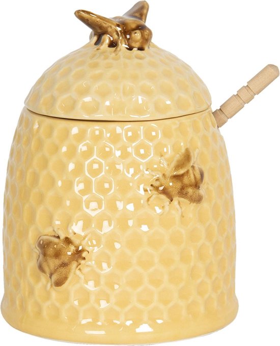 Clayre & Eef Pot à Miel avec Cuillère Ø 11x14 cm Couvercle de Pot de Conservation Rond en Céramique Jaune pour Abeille