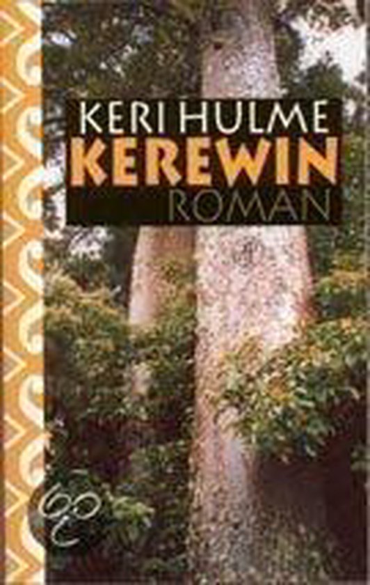 Boek "Kerewin Roman" met Keri Hulme op de voorkant, naast een baobabboom.