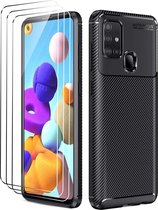 Hoesje Geschikt Voor Samsung Galaxy A21s Hoesje Geborsteld TPU case / Brushed back cover Zwart - 3x screen protector