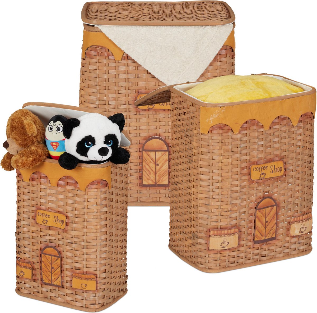 Goedkoopste relaxdays wasmand - set van 3 - opbergmand met deksel - rieten mand - gevlochten D