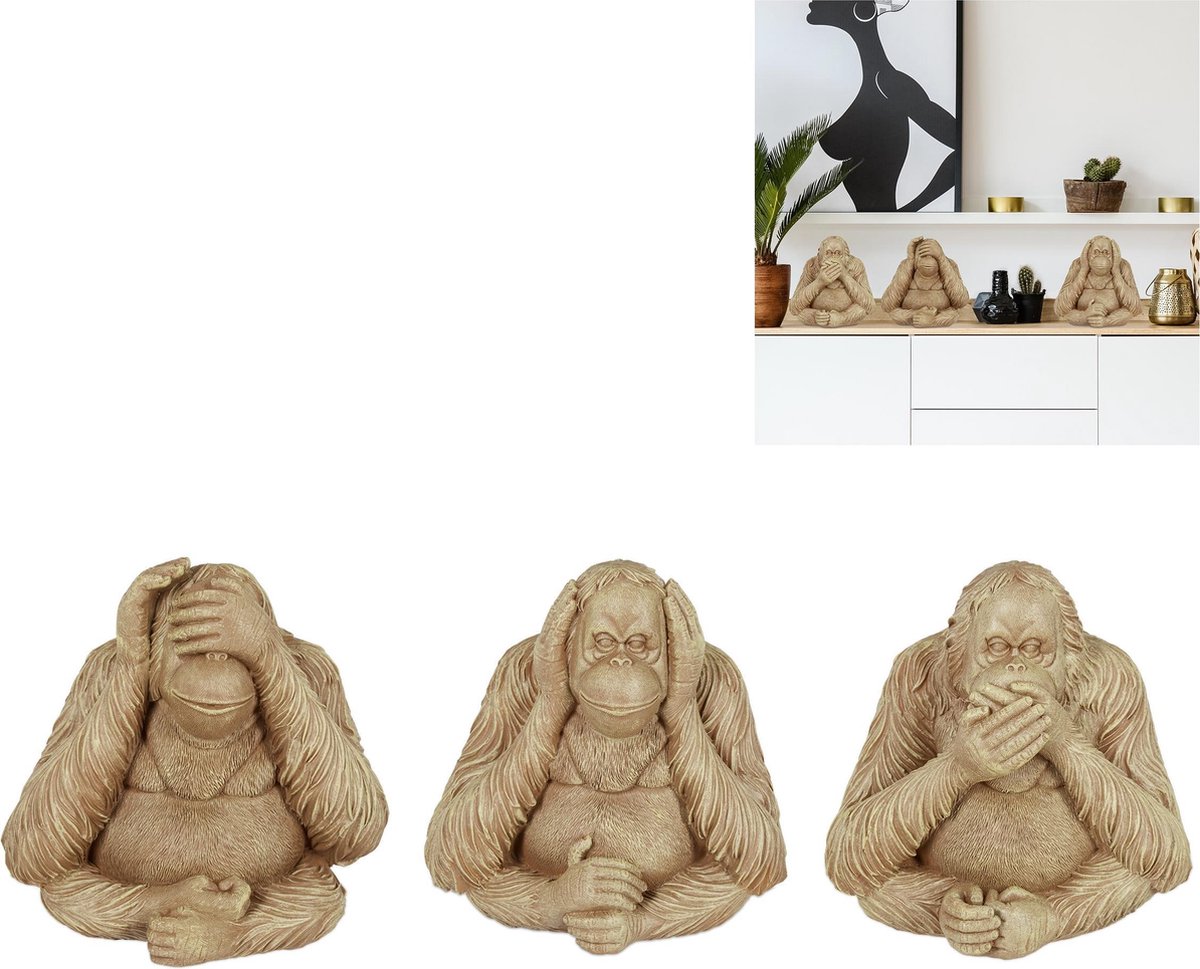 Relaxdays drie apen Orang-Oetan - set van 3 - aap beeld - tuinbeeld