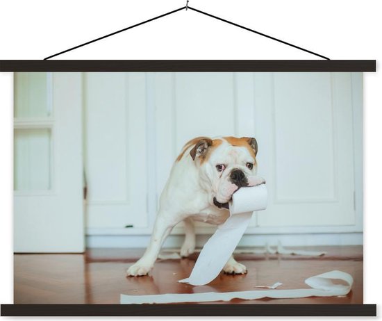 Bol Com Hond Spelend Met Wc Papier Textielposter Latten Zwart 150x100 Cm Foto Print Op