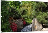 Tuinposter – Tuin met Bomen en Stenen  - 150x100cm Foto op Tuinposter  (wanddecoratie voor buiten en binnen)