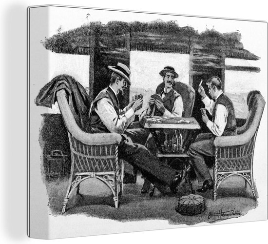 Canvas Schilderij Een zwart-witte tekening van pokerende mannen van vroeger – 160×120 cm – Wanddecoratie XXL