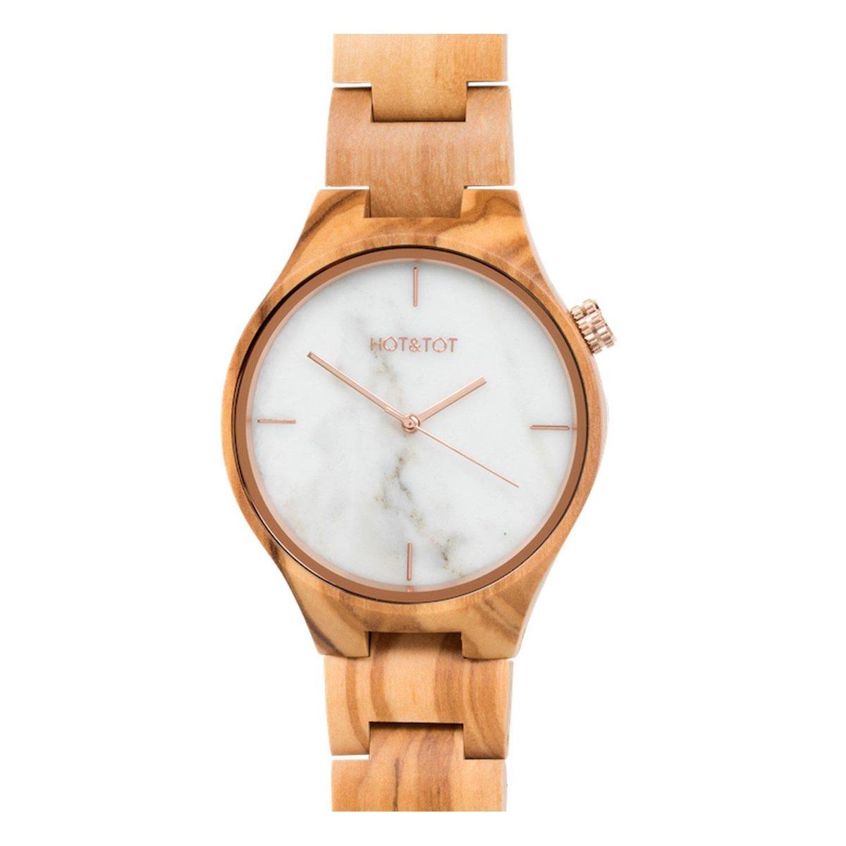 HOT\u0026TOT | Tayga - Houten horloge - 40mm - Wit marmer - Olijfhout - Roségoud  | bol.com