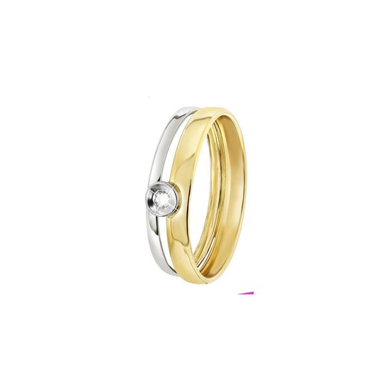 Lucardi Dames Ring met zirkonia - Ring - Cadeau - 14 Karaat Goud - Geelgoud en Witgoud