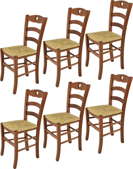 Tommychairs - Ensemble de 6 chaises modèle Cuore. Idéal pour le secteur de la restauration mais également très adapté à votre cuisine. Couleur noyer avec passepoil de siège en paille