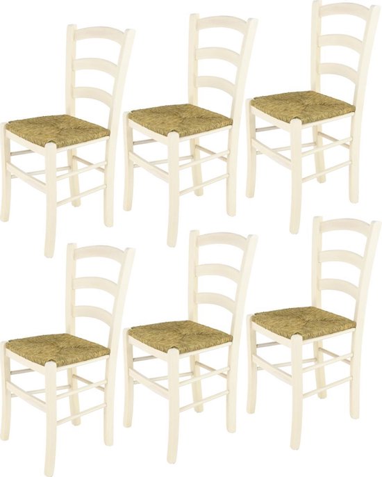 Tommychairs Venice - Eetkamerstoelen - Set van 6 - Wit - Rotan & Hout