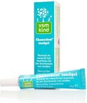 Blauwe doos met turquoise tube Chamodent tandgel. Tekst: Verzorgt en verzacht het tandvlees bij doorkomende tandjes.