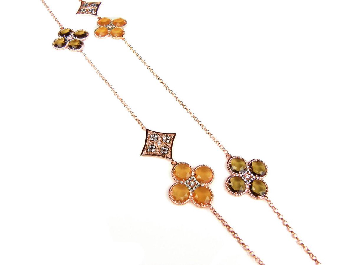Lange zilveren collier halsketting roos goud verguld Model Sugary Sweetness gezet met bruine stenen
