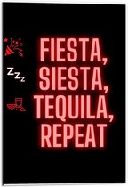 Dibond - Tekst: ''Fiesta, Siesta, Tequila, Repeat'' zwart/rood met figuren - 40x60cm Foto op Aluminium (Wanddecoratie van metaal)