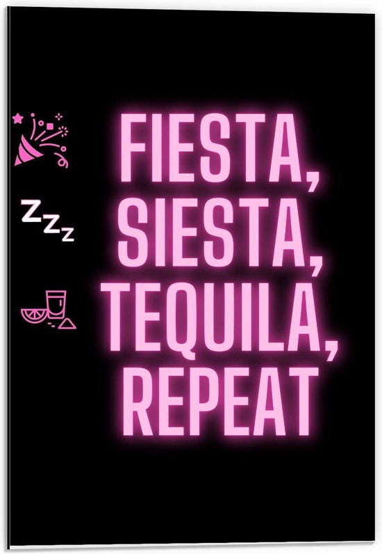 Dibond - Tekst: ''Fiesta, Siesta, Tequila, Repeat'' zwart/roze met figuren - 40x60cm Foto op Aluminium (Wanddecoratie van metaal)