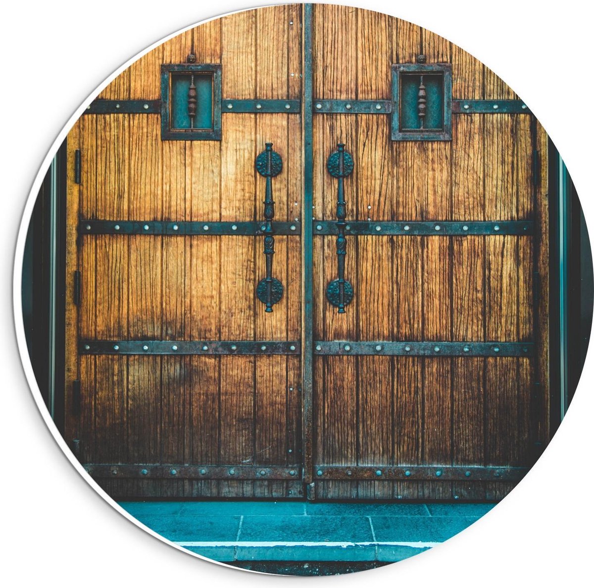 Forex Wandcirkel - Houten Voordeuren - 20x20cm Foto op Wandcirkel (met ophangsysteem)