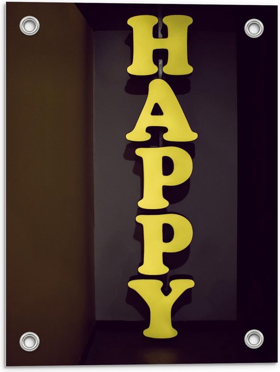 Tuinposter – Verticaal Gele Letters: ''Happy'' - 30x40cm Foto op Tuinposter  (wanddecoratie voor buiten en binnen)
