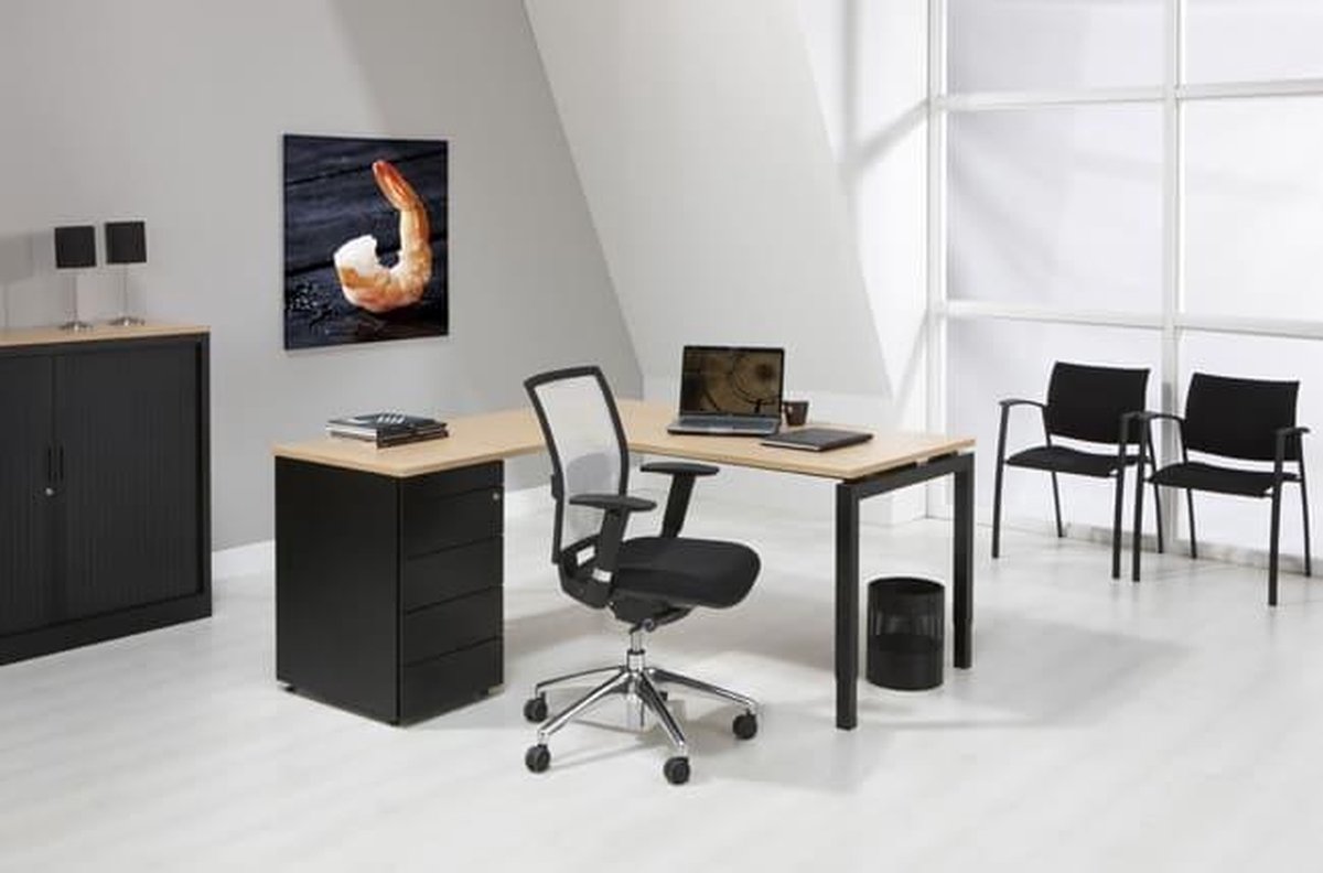 ABC Kantoormeubelen 4-Poots hoekbureau met ladenblok Kubus 180 x160cm Ladeblok 3 lades met pennenlade bladkleur Halifax Eiken framekleur Wit (RAL9010) wingzijde Rechts Wit (RAL9010)/Halifax Eiken